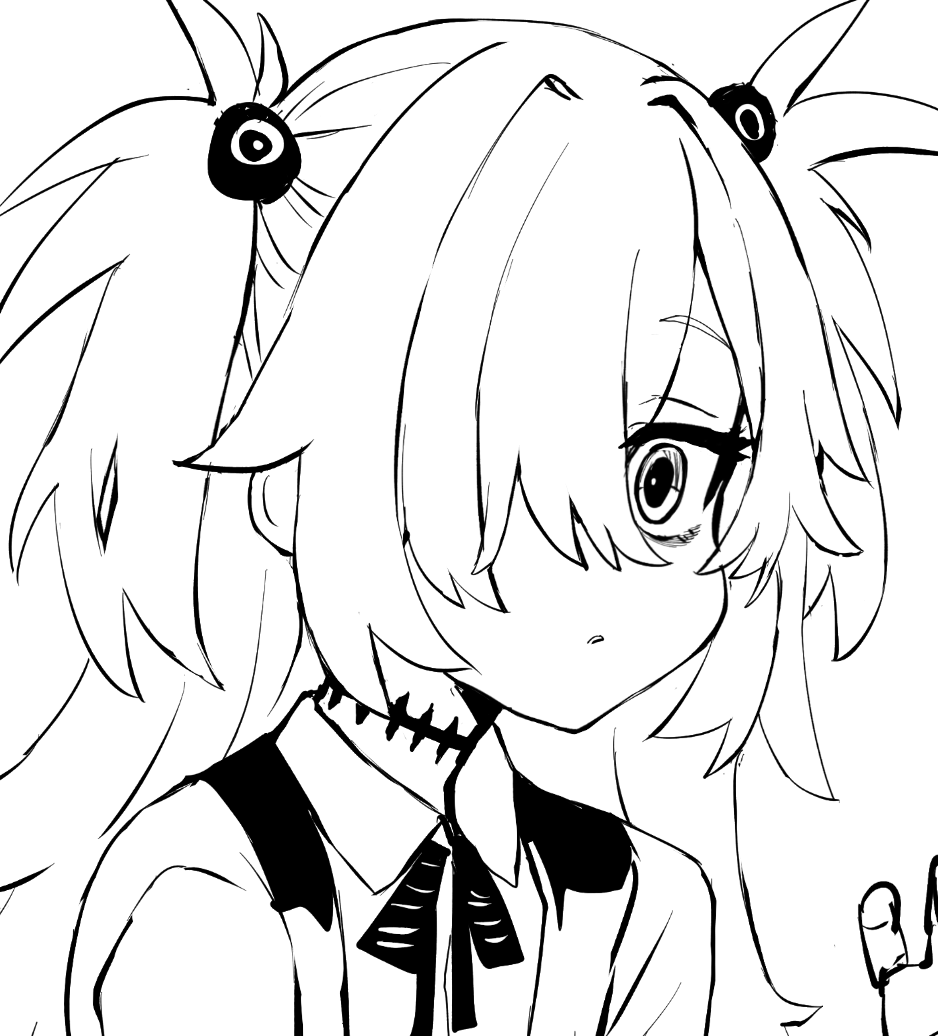 asanagi, kanoe (blue archive), blue archive, 1girl, bags under eyes, diagonal-striped ribbon, hair bobbles, hair ornament, hair over one eye, halo, long hair, looking at viewer, scar, scar on neck, sketch, solo, two side up, white background