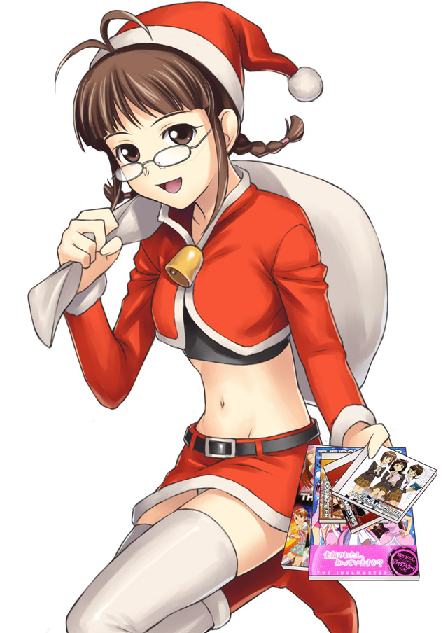 tanaka shoutarou, akizuki ritsuko, idolmaster, idolmaster (classic), idolmaster 1, santa boots, 00s, 1girl, ahoge, antenna hair, bell, belt, boots, braid, brown eyes, brown hair, cd, christmas, female focus, glasses, hat, leg up, looking at viewer, magazine (object), midriff, miniskirt, navel, open mouth, panties, pantyshot, sack, santa costume, santa hat, simple background, skirt, smile, solo, thighhighs, twin braids, underwear, white background, white thighhighs
