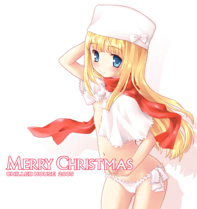 aoi kumiko, original, red neckwear, 1girl, 2005, arm up, blonde hair, blue eyes, blush, christmas, cowboy shot, dated, female focus, flat chest, hand to head, hat, loli, long hair, merry christmas, navel, panties, scarf, side-tie panties, smile, solo, underwear, white hat, white panties