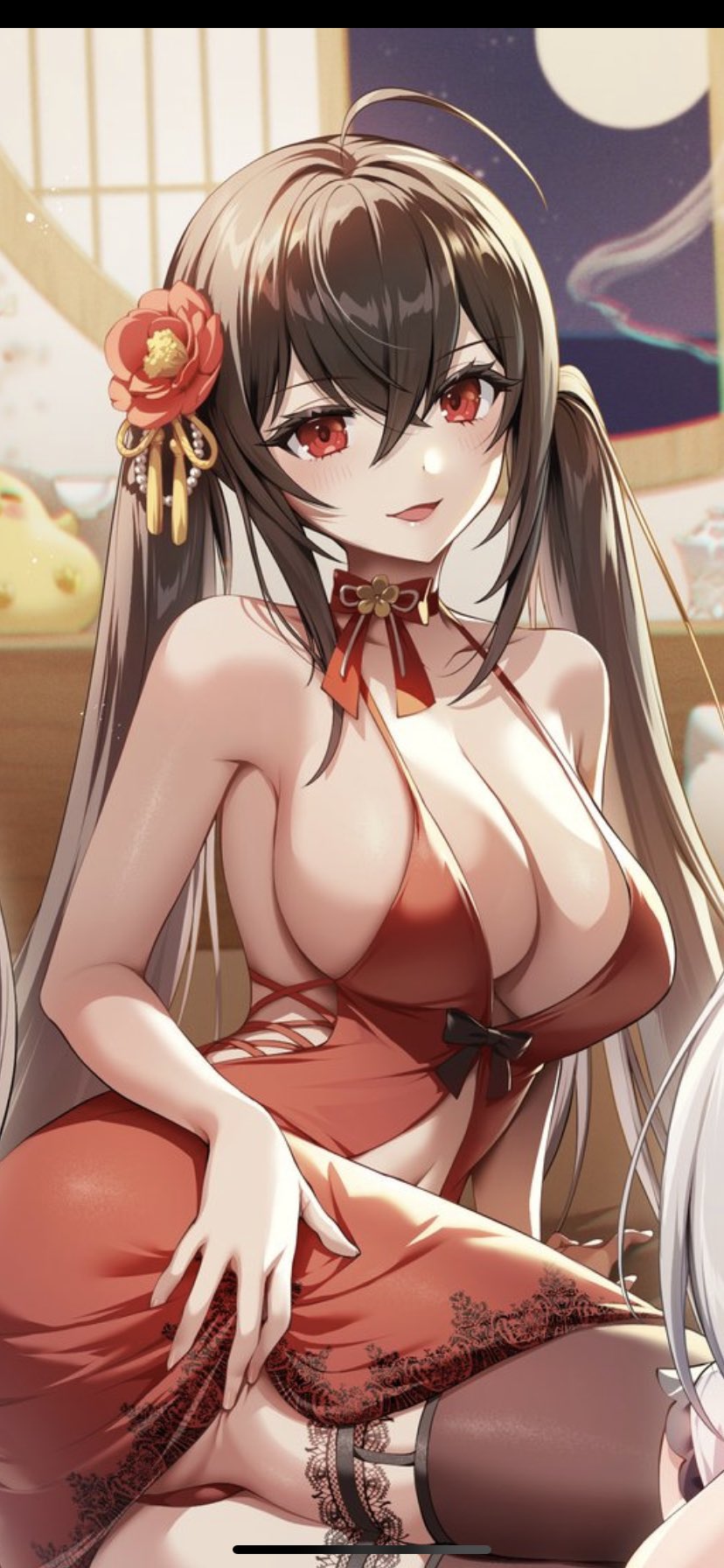 shigenohara kitoha, manjuu (azur lane), taihou (azur lane), azur lane, highres, 1girl, ahoge, bare shoulders, black hair, black thighhighs, blush, breasts, choker, cleavage, collarbone, dress, full moon, hair between eyes, huge breasts, large breasts, long hair, looking at viewer, moon, night, panties, red choker, red dress, red eyes, red panties, sitting, smile, solo, thighhighs, underwear, very long hair