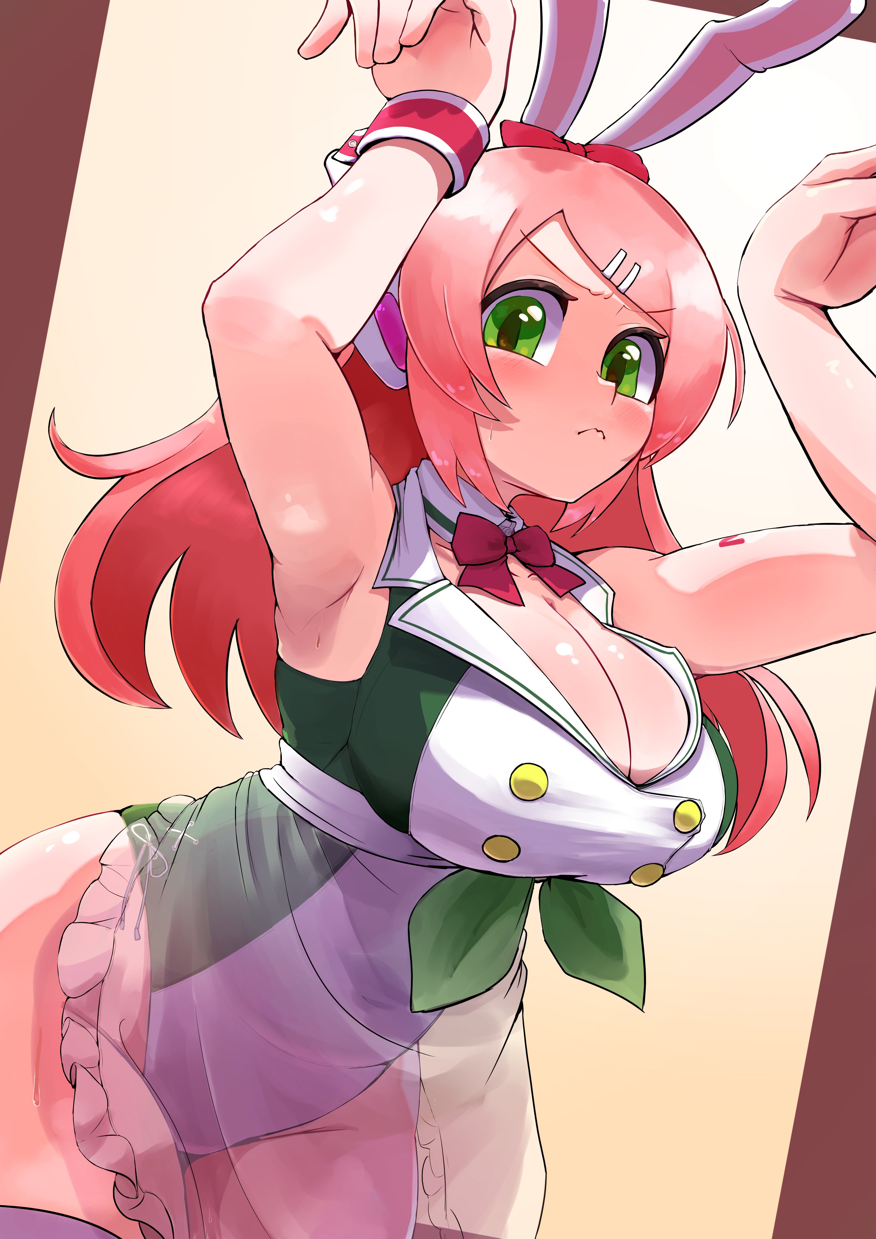 saruyama ushirou, momone momo, utau, absurdres, highres, 1girl, animal ears, apron, arm tattoo, armpits, blush, bow, bowtie, breasts, buttons, cleavage, closed mouth, fake animal ears, frilled apron, frills, green eyes, green leotard, hair bow, hair ornament, hairclip, headphones, huge breasts, leotard, long hair, looking at viewer, pink hair, playboy bunny, rabbit ears, rabbit pose, red bow, red bowtie, see-through apron, see-through clothes, strapless, strapless leotard, tattoo, thighs, wavy mouth
