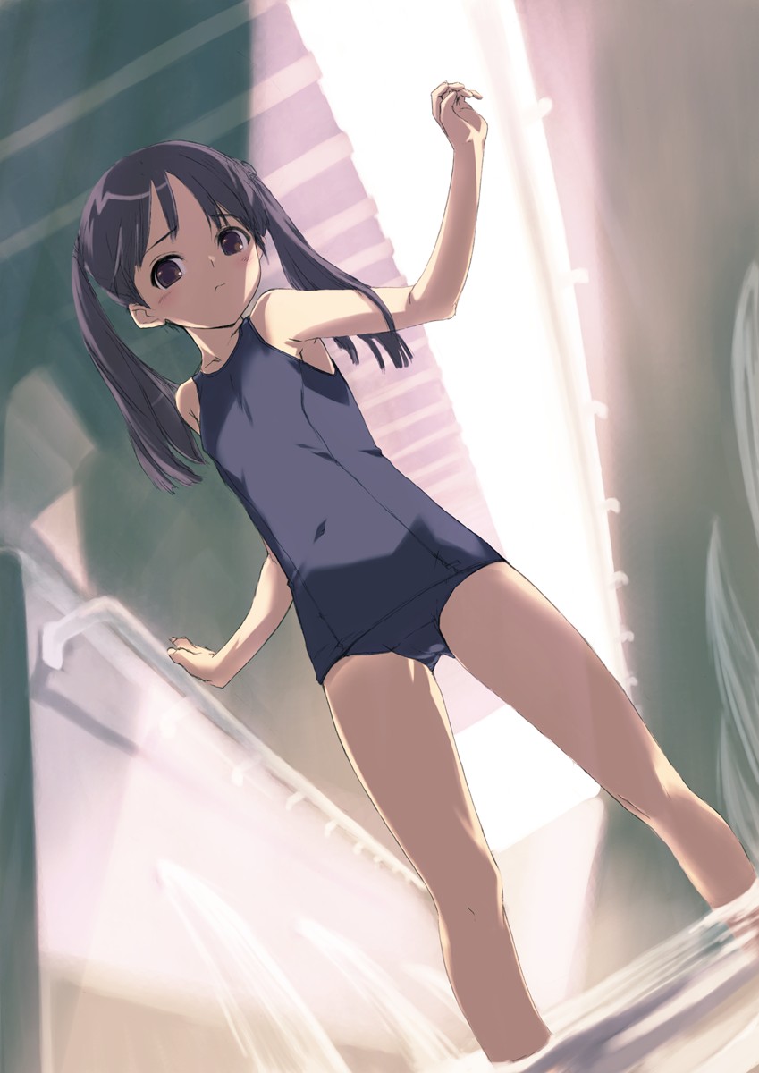 kawata hisashi, original, highres, 1girl, cameltoe, dutch angle, female focus, one-piece swimsuit, partially submerged, school swimsuit, solo, standing, swimsuit, twintails, water