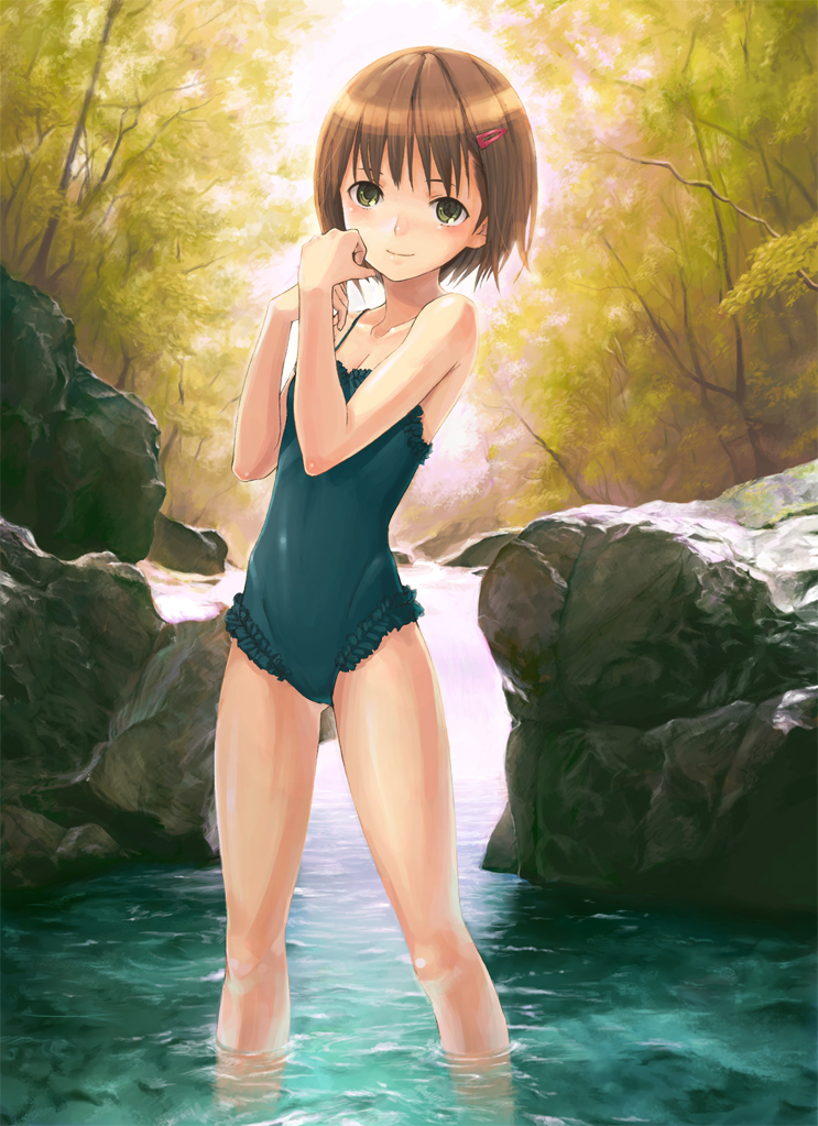 kishida mel, original, frilled swimsuit, 1girl, breasts, brown hair, casual one-piece swimsuit, cleavage, female focus, flat chest, forest, frills, hair ornament, hairclip, nature, one-piece swimsuit, outdoors, river, rock, short hair, small breasts, smile, solo, standing, stream, swimsuit, tree, wading, water, yellow eyes