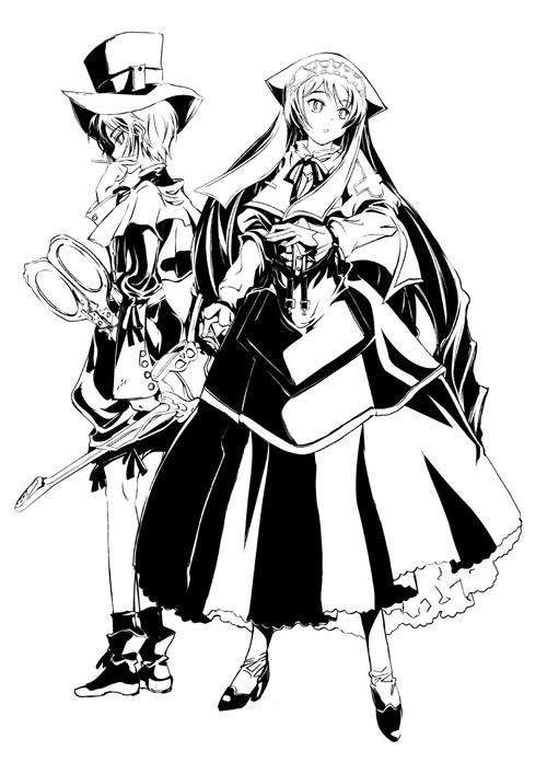 morisoban, souseiseki, suiseiseki, rozen maiden, 00s, 2girls, greyscale, long hair, monochrome, multiple girls, short hair, siblings, sisters, twins, very long hair