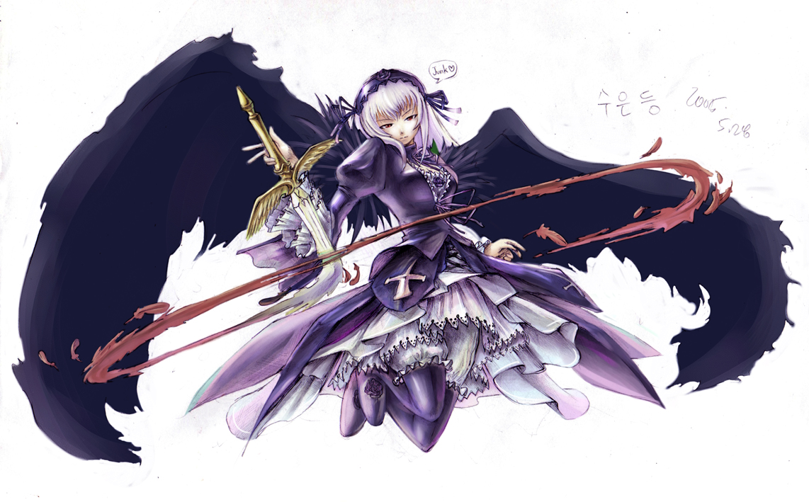 suigintou, rozen maiden, black legwear, silver hair, 00s, 1girl, 2005, black dress, black wings, bloomers, circle, cross, dissolving, dress, expressionless, feathers, female focus, frills, hairband, jumping, long hair, looking at viewer, petticoat, puffy sleeves, red eyes, ribbon, signature, simple background, solo, sword, underwear, upskirt, weapon, wings