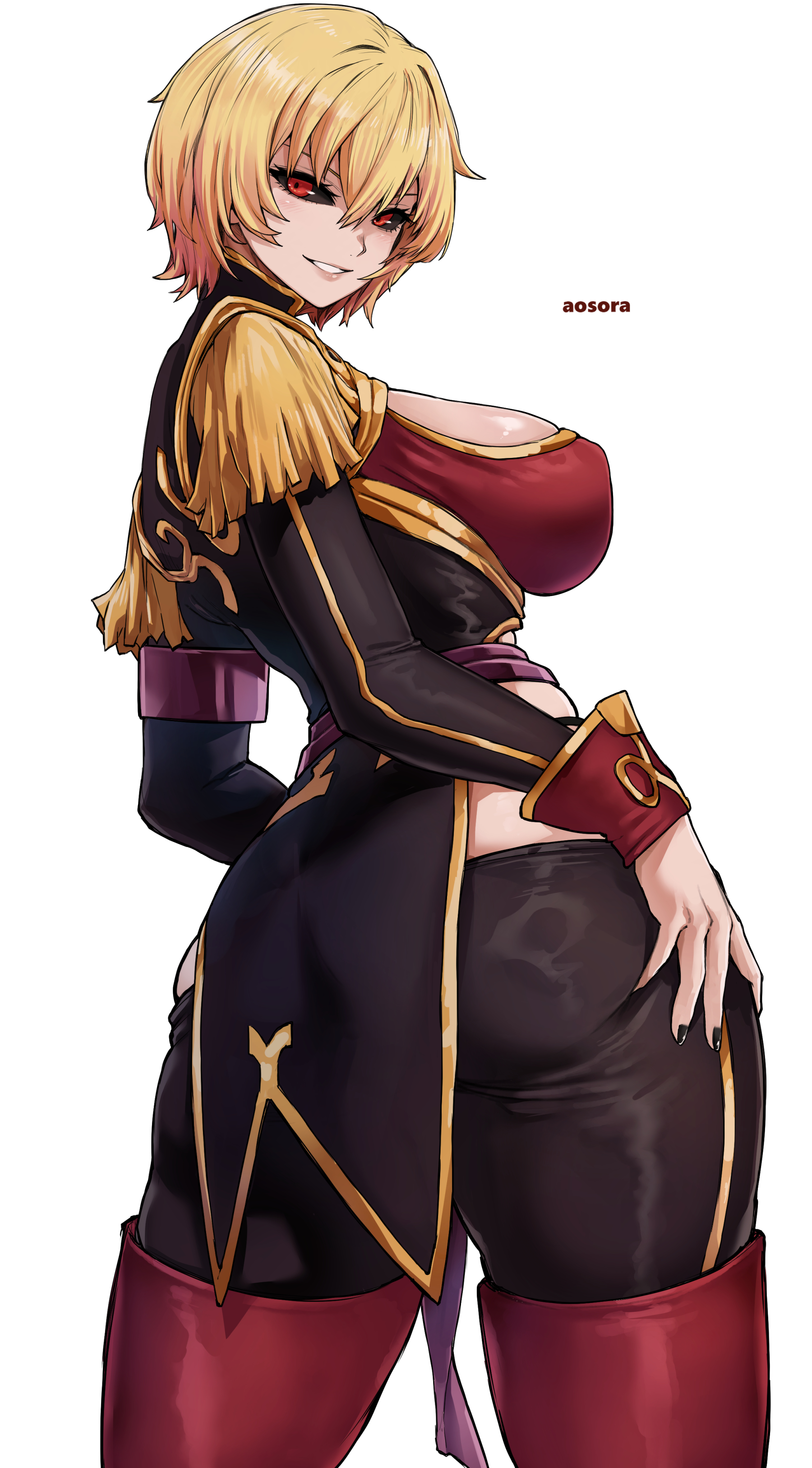 aosora2823, garnet mclane, dragonaut, absurdres, highres, 1girl, artist name, ass, black sclera, blonde hair, breasts, colored sclera, epaulettes, hair between eyes, large breasts, long sleeves, looking at viewer, red eyes, red thighhighs, short hair, simple background, smile, solo, standing, thighhighs, white background