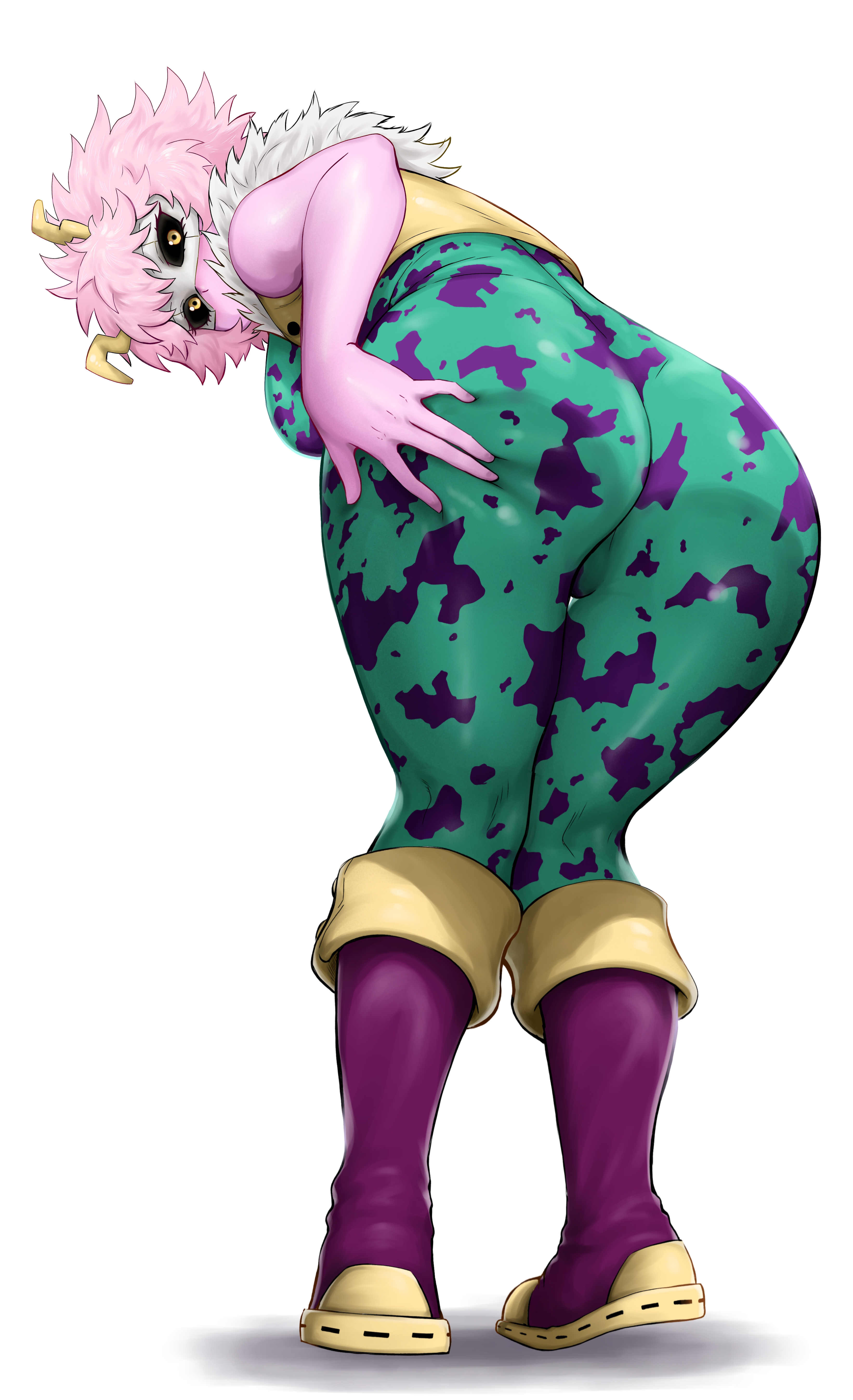 carlx945380, ashido mina, boku no hero academia, absurdres, highres, 1girl, ass, black sclera, bodysuit, boots, breasts, cleavage, colored sclera, colored skin, covered kneepits, deep skin, from behind, fur-trimmed vest, fur trim, green bodysuit, hand on own ass, hand on own thigh, horns, leaning forward, looking at viewer, looking back, medium breasts, pink hair, pink skin, purple bodysuit, purple boots, short hair, simple background, skin tight, solo, superhero costume, two-tone bodysuit, vest, white background, white mask, yellow eyes, yellow horns, yellow vest