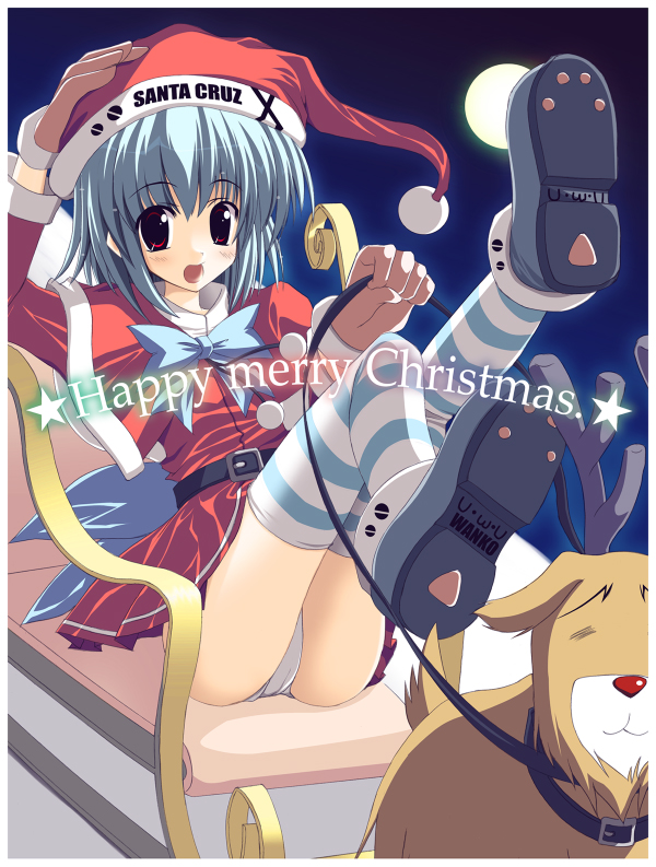 atera, original, belt, blue hair, blush, bow, bowtie, christmas, dress, hat, legs up, panties, red eyes, reindeer, santa costume, santa hat, shoes, short dress, short hair, solo, striped clothes, striped panties, striped thighhighs, thighhighs, underwear, white panties