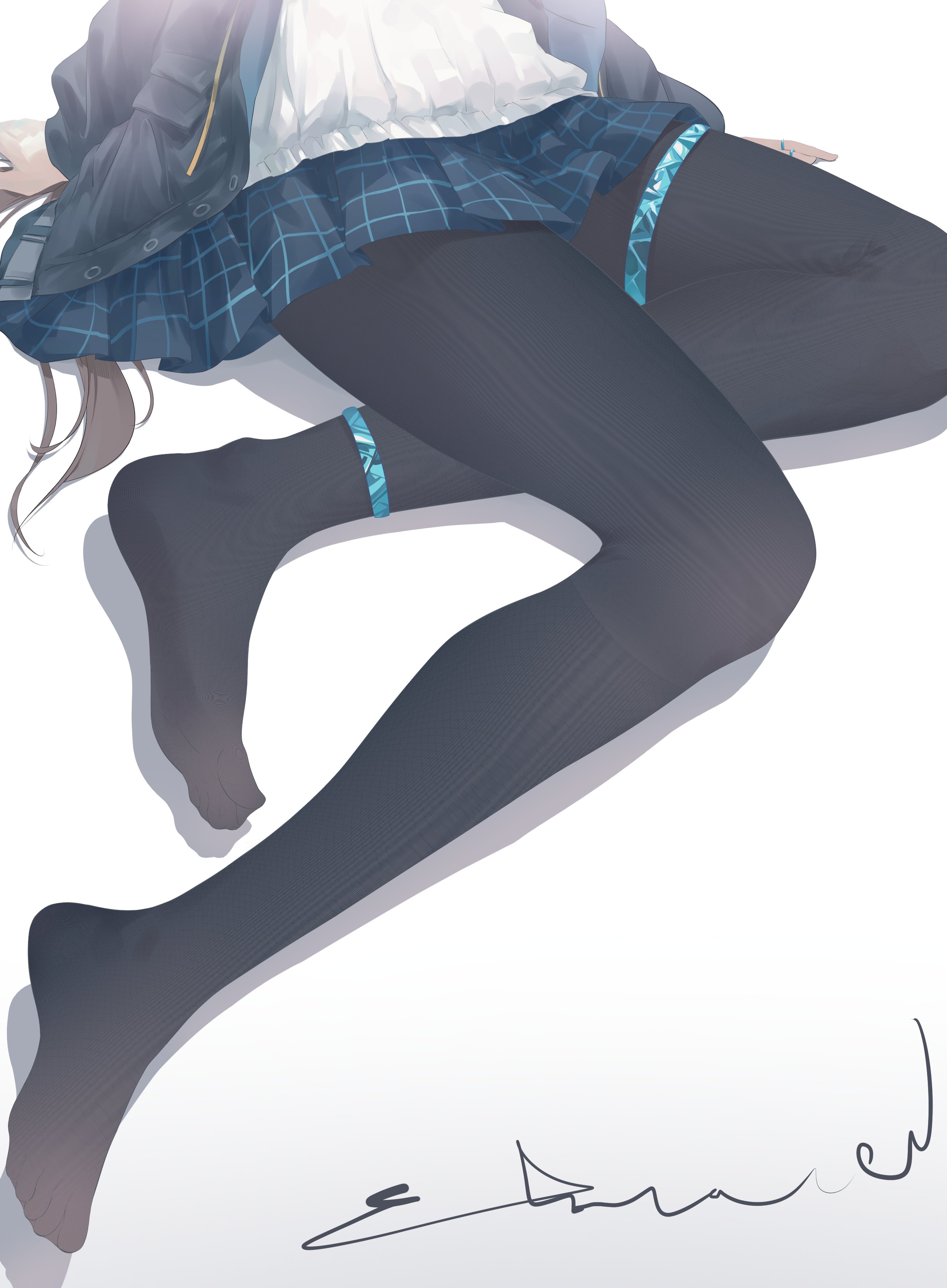 ebonvow, amiya (arknights), arknights, absurdres, commentary, highres, 1girl, anklet, feet, jacket, jewelry, legs, long hair, long sleeves, miniskirt, multiple rings, no shoes, open clothes, open jacket, pantyhose, plaid clothes, plaid skirt, pleated skirt, ring, simple background, skirt, solo, thighlet, very long hair, white background