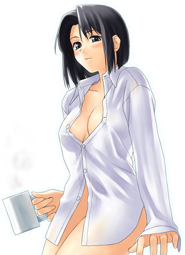 mizuno youko, maria-sama ga miteru, 00s, 1girl, arm support, black eyes, black hair, breasts, cup, dress shirt, female focus, holding, holding cup, mug, open clothes, open shirt, shirt, short hair, simple background, solo, unbuttoned, white background