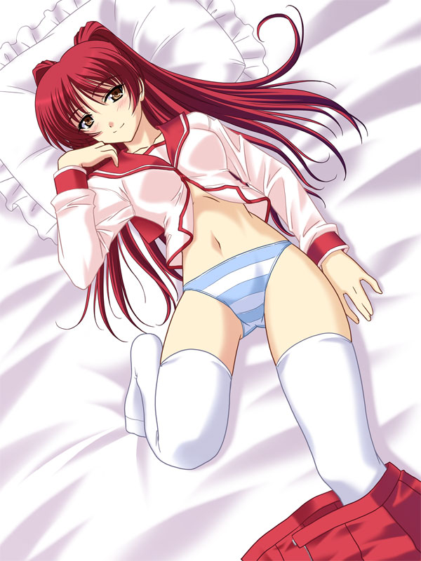 masakichi (crossroad), kousaka tamaki, to heart (series), to heart 2, 00s, 1girl, bed, blue panties, blush, brown eyes, female focus, frilled pillow, frills, lying, no pants, on back, panties, pillow, red hair, school uniform, serafuku, skirt, solo, striped clothes, striped panties, thighhighs, twintails, underwear, undressing, white thighhighs