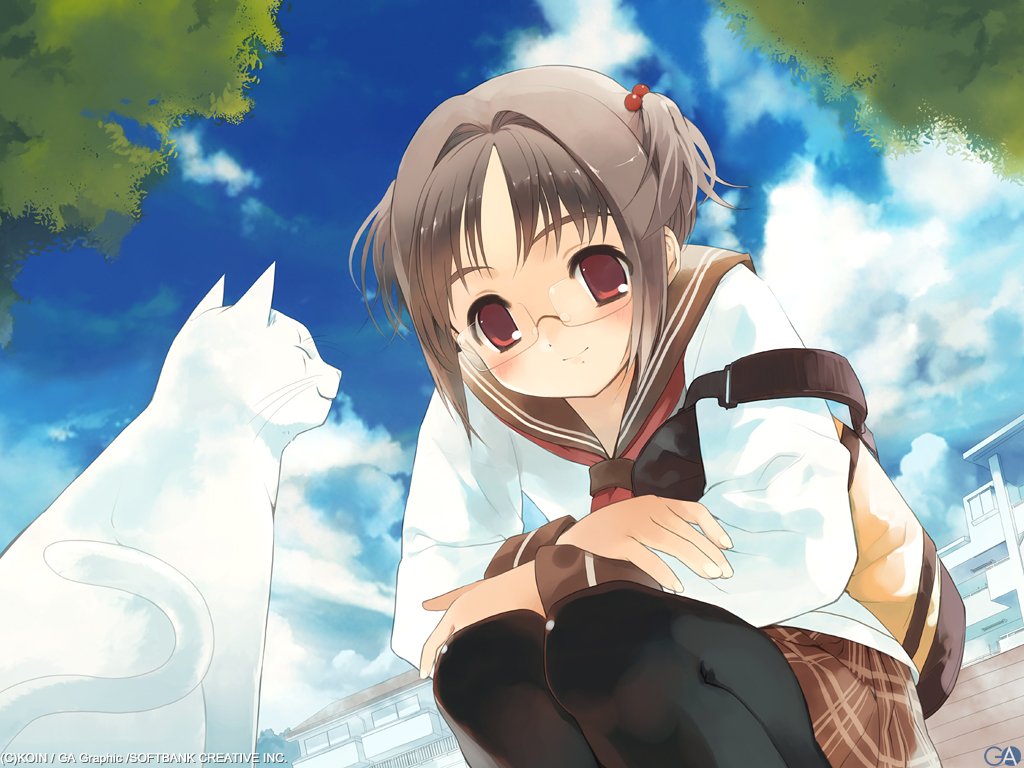 koin (foxmark), gagraphic, 1girl, animal, bag, brown hair, cat, cloud, day, female focus, from below, glasses, hair bobbles, hair ornament, house, leaf, outdoors, pantyhose, plaid clothes, plaid skirt, pleated skirt, red eyes, school uniform, serafuku, short twintails, sitting, skirt, sky, solo, twintails