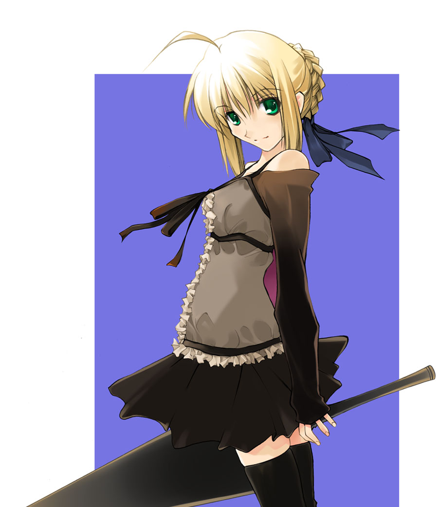 nagare hyougo, artoria pendragon (fate), saber (fate), fate/stay night, fate (series), 00s, 1girl, ahoge, bare shoulders, black thighhighs, blonde hair, blue background, braid, dress, female focus, frilled dress, frills, from side, green eyes, hair ribbon, head tilt, holding, holding sword, holding weapon, long sleeves, looking at viewer, official alternate costume, ribbon, short dress, smile, solo, sword, thighhighs, weapon