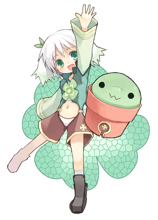 kito (sorahate), original, 1girl, female focus, green eyes, navel, panties, short hair, short twintails, shorts, socks, solo, twintails, underwear, waving, white hair, white panties