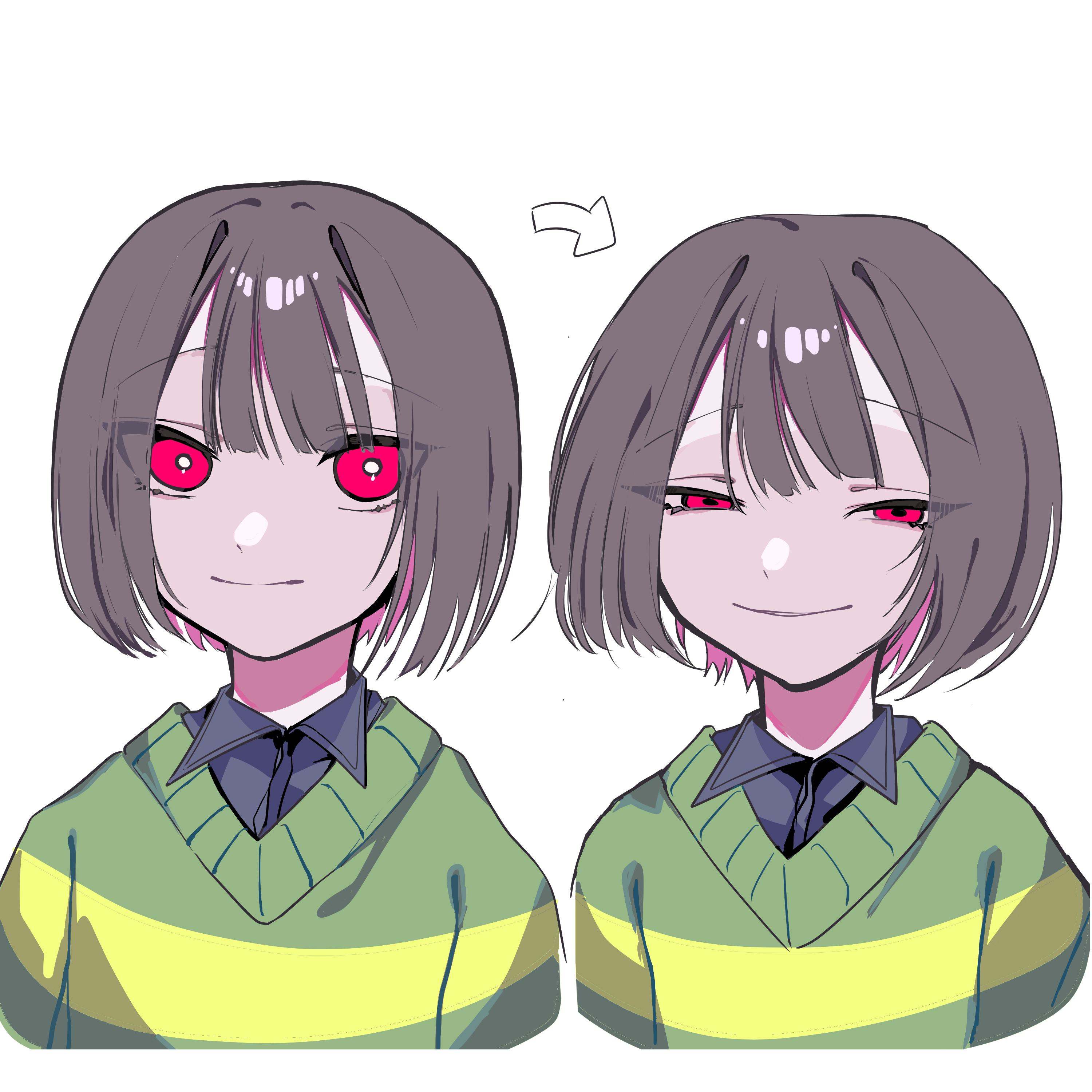 chara (undertale), undertale, utdr (toby fox), absurdres, commentary request, highres, 1other, arrow (symbol), black shirt, brown hair, collared shirt, cropped torso, green sweater, raique, red eyes, shirt, short hair, single horizontal stripe, smile, striped clothes, striped sweater, sweater