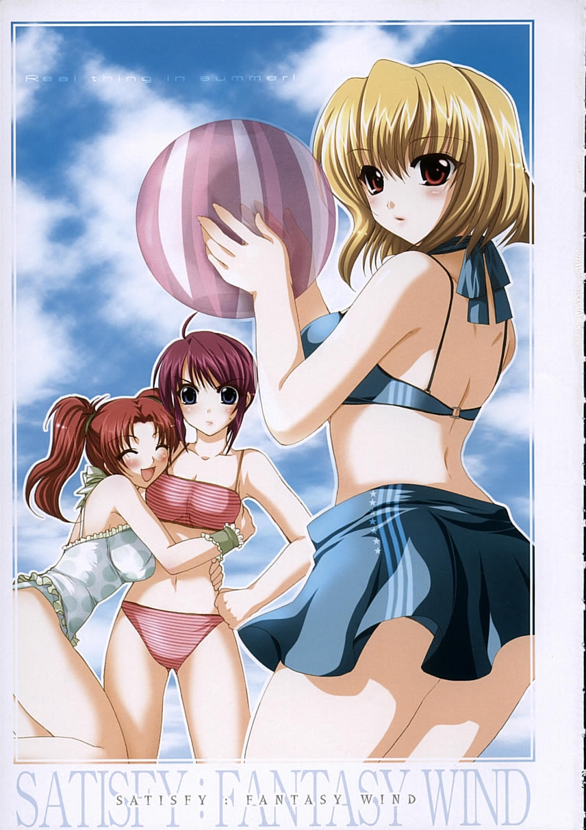shinano yura, lunamaria hawke, meyrin hawke, stellar loussier, gundam, gundam seed, gundam seed destiny, highres, 00s, 3girls, ahoge, ball, beachball, bikini, blonde hair, blue eyes, closed eyes, hand on own hip, hip focus, hug, long hair, looking back, multiple girls, red eyes, red hair, short hair, siblings, sisters, swimsuit, twintails