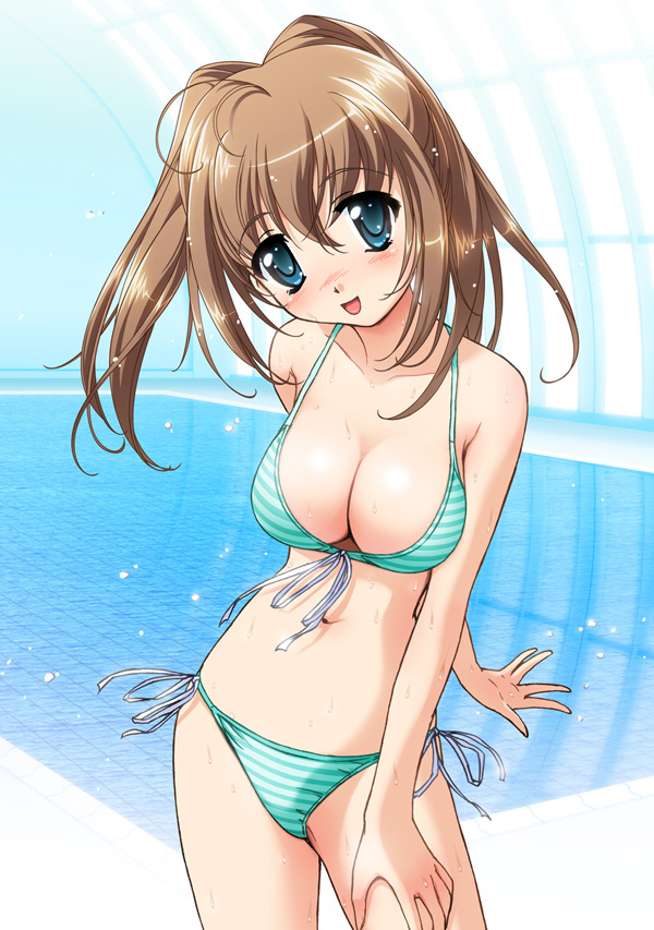 iwasaki kouji, tachibana megumi, alto, alto (game), jast, 1girl, antenna hair, aqua bikini, bikini, blue eyes, blush, breasts, brown hair, cleavage, female focus, front-tie top, head tilt, indoors, large breasts, navel, pool, poolside, side-tie bikini bottom, solo, striped bikini, striped clothes, swimsuit, twintails, water, wet, window