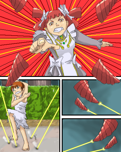 arika yumemiya, shiho huit, my-otome, lowres, 00s, 2girls, apron, barefoot, clenched teeth, dragoon, drill hair, emphasis lines, fin funnels, garderobe uniform, jaggy lines, laser, multiple girls, oekaki, outdoors, teeth