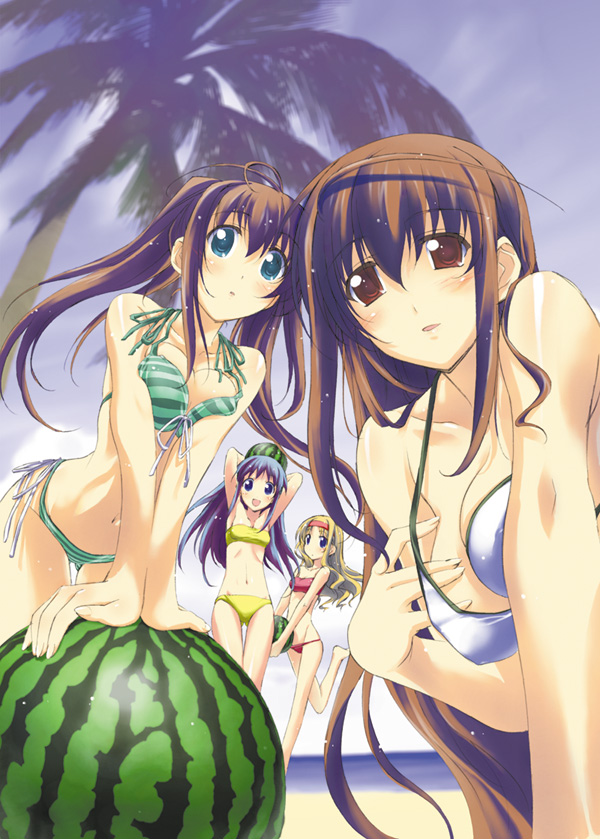 iwasaki kouji, kagami shouko, tachibana megumi, tachibana saori, wakana chitose, alto, alto (game), jast, 4girls, ahoge, antenna hair, armpits, arms behind head, arms up, bandeau, beach, bikini, blonde hair, blue eyes, blush, breasts, breasts squeezed together, brown eyes, brown hair, carrying, cleavage, day, flat chest, food, front-tie top, fruit, hairband, large breasts, leaning forward, long hair, lowleg, lowleg bikini, multiple girls, navel, outdoors, palm tree, red eyes, side-tie bikini bottom, sky, strapless, striped bikini, striped clothes, swimsuit, thigh gap, thighs, tree, tube top, twintails, very long hair, water, watermelon