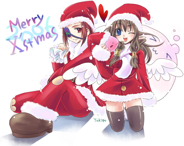 yukian, ragnarok online, christmas, eyepatch, hair between eyes, pointy ears, santa costume, slime (creature), thighhighs, white background
