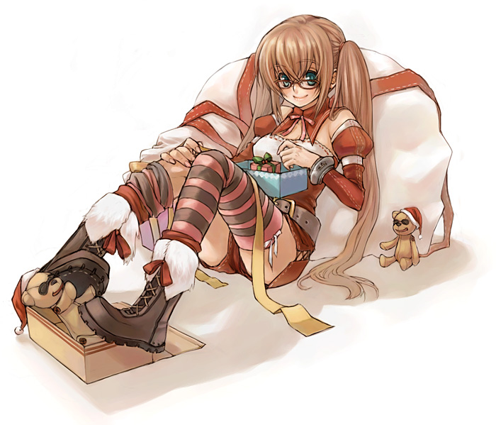 yuuryuu nagare, original, striped, tagme, christmas, glasses, solo, thighhighs