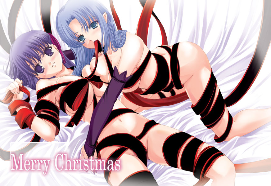 q-gaku, matou sakura, medea (caster) (fate), medea (fate), fate/stay night, fate (series), 00s, 2girls, all fours, ass, bed, blue eyes, blue hair, blush, braid, breast press, breasts, bridal gauntlets, christmas, hair ribbon, head tilt, large breasts, long hair, lying, mouth hold, multiple girls, naked ribbon, navel, nude, on back, pointy ears, purple eyes, purple hair, ribbon, side braid, sideboob, smile, symmetrical docking, yuri