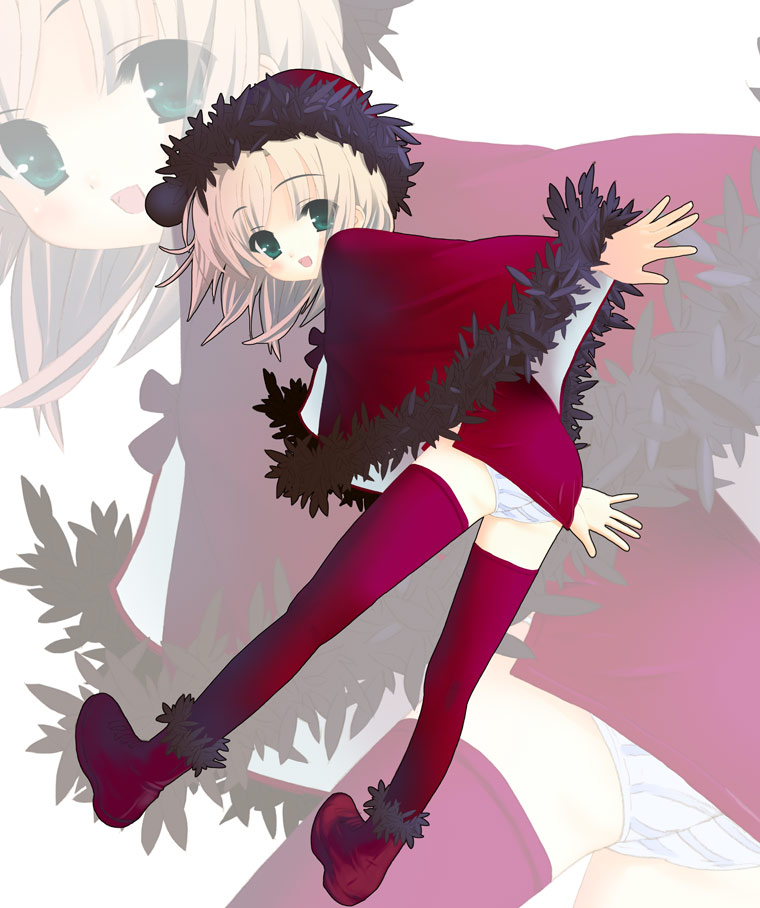 houmitsu, original, 1girl, blonde hair, blue panties, blush, boots, coat, dress, female focus, green eyes, hat, jumping, panties, pantyshot, red thighhighs, short dress, short hair, solo, striped clothes, striped panties, thighhighs, underwear, upskirt, zoom layer