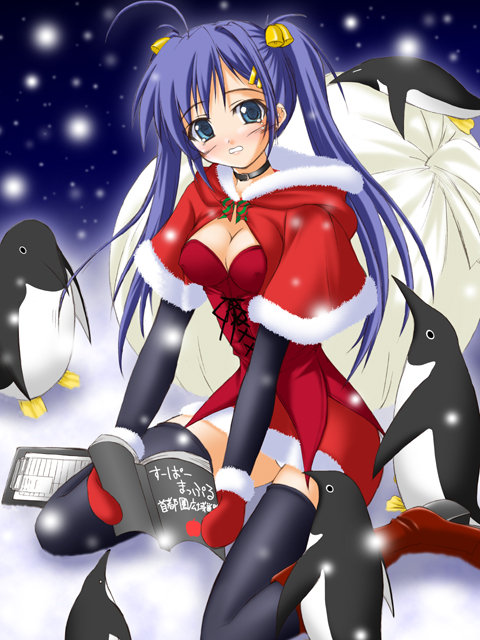 akimoto dai, original, 1girl, ahoge, bell, bird, black thighhighs, blonde hair, blue eyes, blue hair, blush, boots, breasts, capelet, christmas, cleavage, collar, covered erect nipples, female focus, hair bell, hair ornament, hairclip, long hair, looking at viewer, matching hair/eyes, mittens, panties, pantyshot, penguin, red boots, red mittens, sack, santa costume, sitting, snow, snowing, solo, thighhighs, twintails, underwear, wariza
