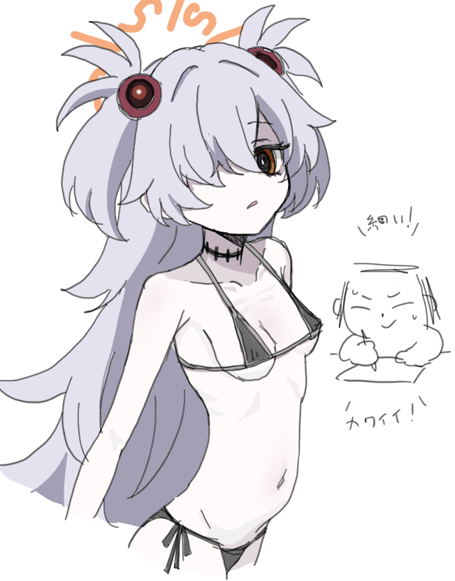 nyaru (nyaru 4126), doodle sensei (blue archive), kanoe (blue archive), sensei (blue archive), blue archive, translation request, 1boy, 1girl, bare arms, bare shoulders, bikini, black bikini, breasts, brown eyes, closed eyes, closed mouth, collarbone, grey hair, groin, hair over one eye, halo, long hair, navel, pale skin, parted lips, side-tie bikini bottom, simple background, small breasts, sweat, swimsuit, two side up, very long hair, white background