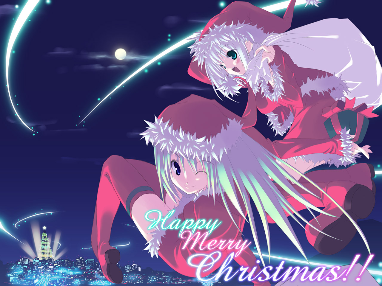 senmu (senmudayo), original, 2girls, blue eyes, christmas, green eyes, multiple girls, santa costume, thighhighs, white hair