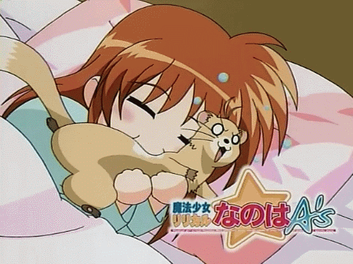 takamachi nanoha, yuuno scrya, lyrical nanoha, mahou shoujo lyrical nanoha, mahou shoujo lyrical nanoha a's, animated, animated gif, anime screenshot, lowres, 00s, eating, ferret, solo