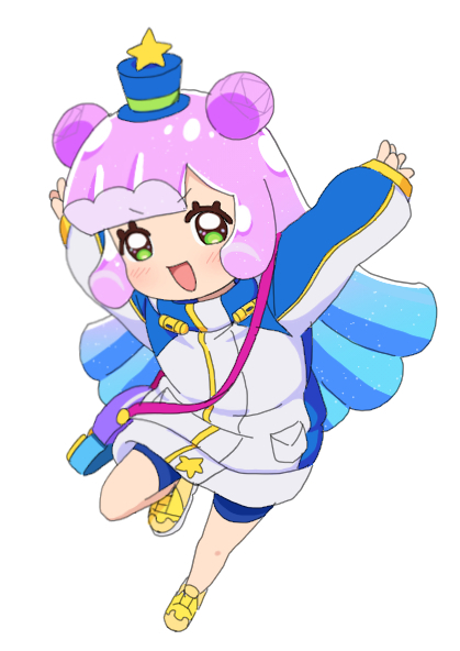 nyaru (nyaru 4126), puniru (puniru wa kawaii slime), puniru wa kawaii slime, 1girl, :d, bag, bike shorts, blue hair, blue hat, blue shorts, double bun, full body, gradient hair, green eyes, hair bun, hat, jacket, long sleeves, mini hat, mini top hat, monster girl, multicolored hair, open mouth, pink hair, puffy long sleeves, puffy sleeves, shoes, shorts, shoulder bag, simple background, sleeves past wrists, slime girl, smile, solo, star (symbol), top hat, white background, white jacket, yellow shoes