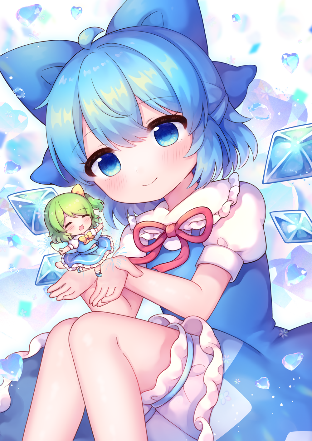 coa (chroo x), cirno, daiyousei, comiket 106, touhou, commentary request, highres, 2girls, :d, ^ ^, ahoge, bloomers, blue bow, blue dress, blue eyes, blue hair, blue skirt, blue vest, blue wings, blush, bow, closed eyes, closed mouth, collared shirt, detached wings, dress, frilled dress, frilled shirt collar, frilled skirt, frills, green hair, hair bow, heart, ice, ice wings, multiple girls, one side up, open mouth, puffy short sleeves, puffy sleeves, shirt, short sleeves, sitting, skirt, sleeveless, sleeveless dress, smile, underwear, vest, white bloomers, white shirt, wings, yellow bow