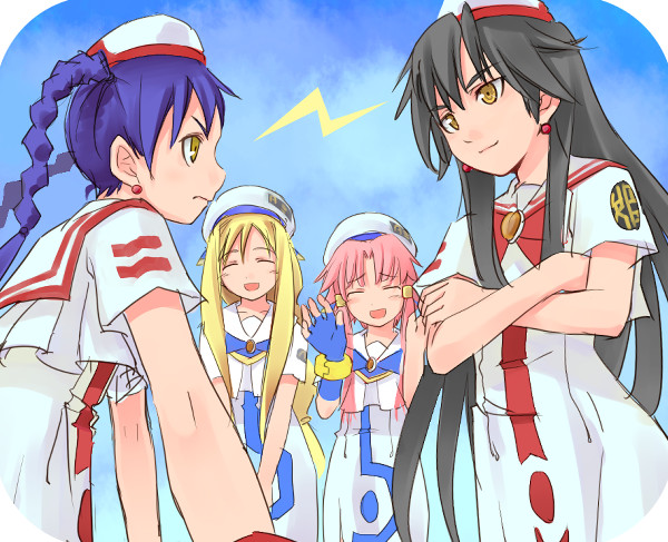 tatsukichi, aika granzchesta, akira ferrari, alicia florence, mizunashi akari, aria (manga), 00s, 4girls, ^ ^, annoyed, beret, blonde hair, blouse, blue hair, bracelet, braid, brown hair, closed eyes, crossed arms, day, earrings, foreshortening, gloves, hat, jewelry, long hair, multiple girls, outdoors, pink hair, profile, shirt, short sleeves, sidelocks, single glove, sky, smile, smirk, staring, twin braids, very long hair, white shirt, yellow eyes