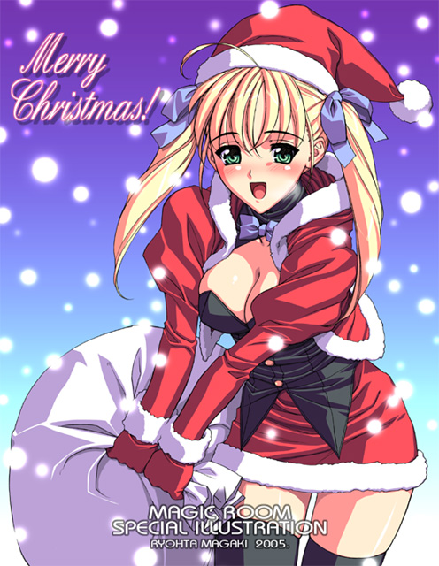 magaki ryouta, original, 00s, 1girl, 2005, :d, ahoge, aqua eyes, artist name, black thighhighs, blonde hair, blush, breasts, christmas, cleavage, cowboy shot, female focus, gloves, gradient background, hair ribbon, hat, large breasts, long hair, long sleeves, merry christmas, open mouth, red gloves, ribbon, sack, santa costume, santa hat, smile, snowing, solo, thighhighs, twintails, zettai ryouiki