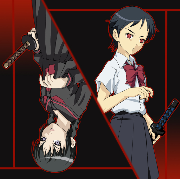 date (senpen), diva (blood+), otonashi saya, saya (blood the last vampire), blood+, blood the last vampire, 00s, black hair, blue eyes, crossover, dual persona, katana, long hair, pleated skirt, red eyes, school uniform, serafuku, short hair, skirt, sword, vampire, weapon