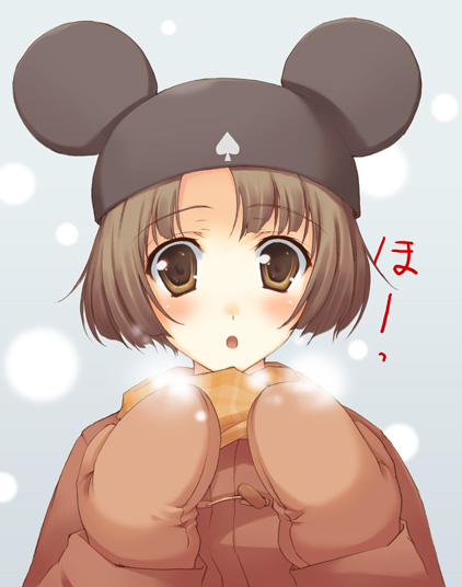 tomose shunsaku, 1girl, animal ears, blush, breath, brown eyes, brown hair, coat, cold, female focus, food, long sleeves, mittens, mouse ears, scarf, snow, snowing, solo, spade (shape)