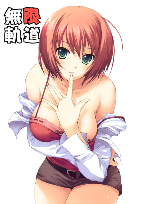 tomose shunsaku, 1girl, belt, breasts, camisole, female focus, green eyes, large breasts, orange hair, short hair, solo, undressing