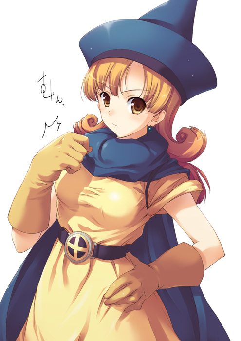 tomose shunsaku, alena (dq4), chunsoft, dragon quest, dragon quest iv, enix, 1girl, belt, cape, dress, earrings, female focus, gloves, hand on own hip, hat, jewelry, long hair, looking at viewer, orange hair, parted bangs, red hair, simple background, solo, white background, yellow dress, yellow gloves