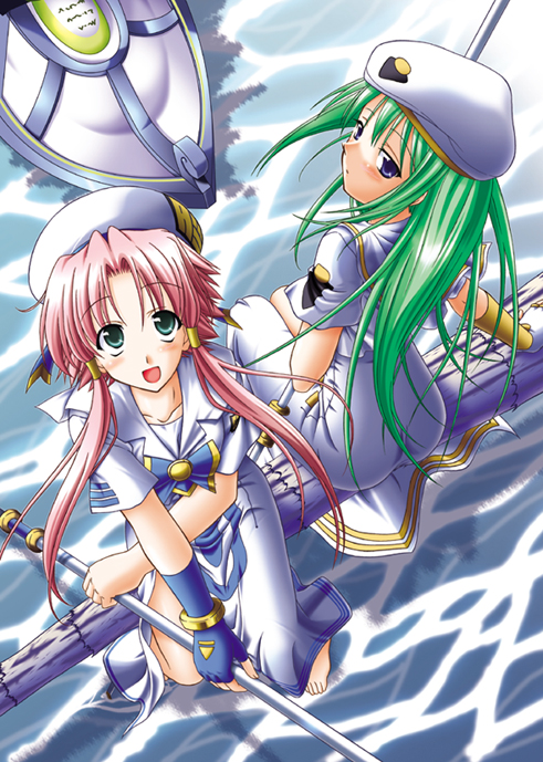 akari ryuryuwa, alice carroll, mizunashi akari, aria (manga), 00s, 2girls, barefoot, blouse, blue eyes, bow, bowtie, feet, fingerless gloves, from above, gloves, gondola, green eyes, green hair, hat, long hair, looking back, looking up, multiple girls, oar, pink hair, shirt, sidelocks, single glove, sitting, toes, water, white shirt