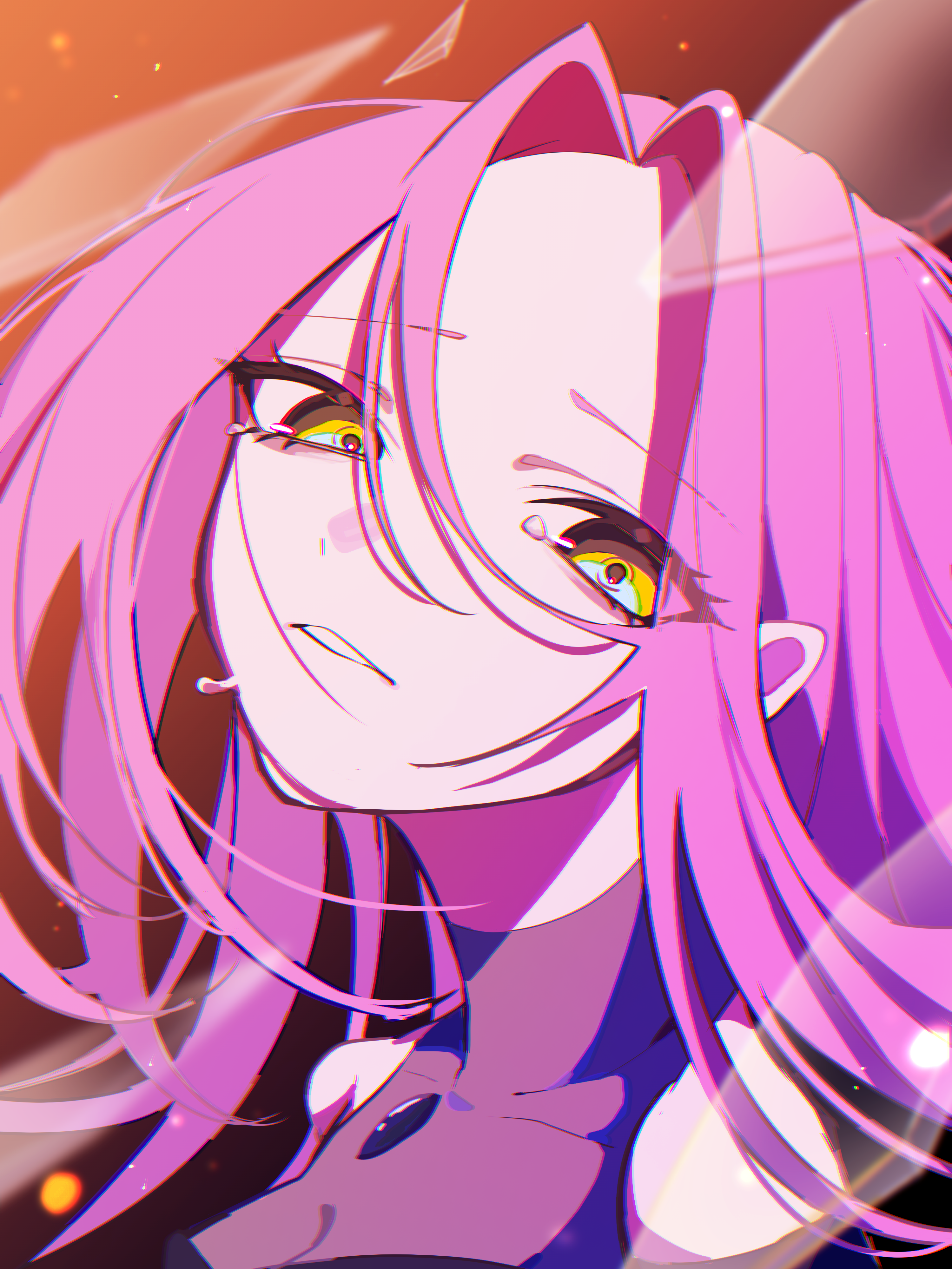 mizi (alien stage), alien stage, absurdres, commentary request, highres, 1girl, broken glass, glass, head back, long hair, parted lips, pink hair, portrait, raique, solo, tears, yellow eyes