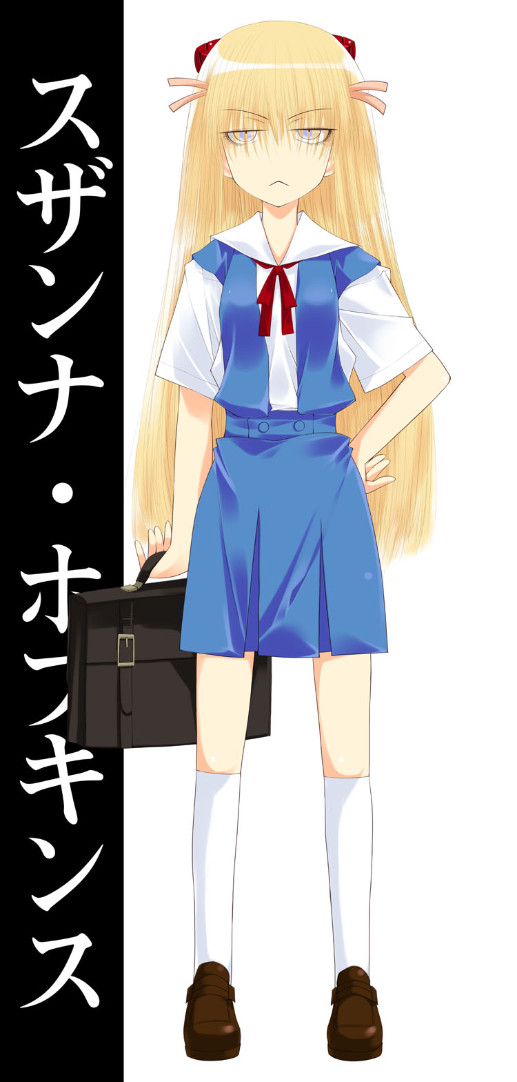 mizuki makoto, souryuu asuka langley, susanna hopkins, genshiken, neon genesis evangelion, highres, 1girl, blonde hair, cosplay, female focus, full body, school uniform, shoes, socks, solo, souryuu asuka langley (cosplay)