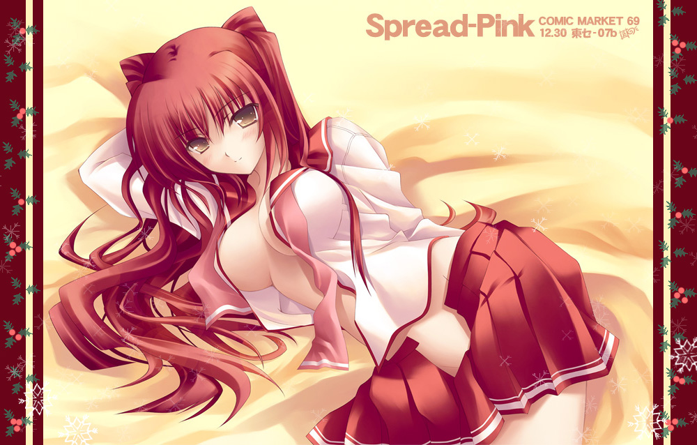 zinno, kousaka tamaki, to heart (series), to heart 2, 00s, 1girl, blush, breasts, brown eyes, female focus, large breasts, long hair, open clothes, open shirt, pleated skirt, red hair, school uniform, serafuku, shirt, skirt, solo, undressing