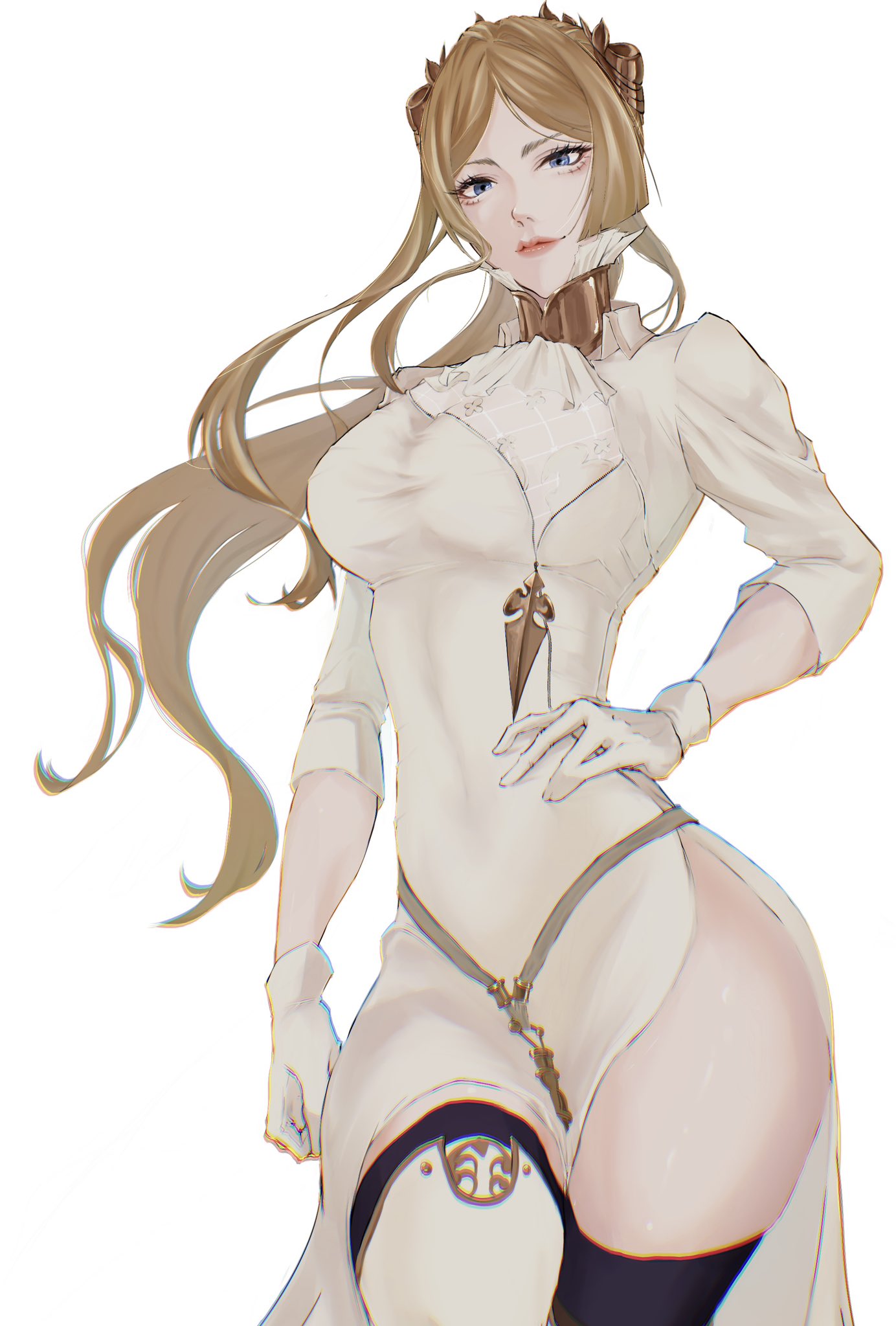 gohanndaisukias, commander (nier:automata), nier:automata, nier (series), commentary, english commentary, highres, 1girl, blonde hair, blue eyes, boots, breasts, chromatic aberration, closed mouth, cowboy shot, dress, floating hair, gloves, hair ornament, hand on own hip, large breasts, long hair, looking at viewer, side slit, simple background, solo, standing, thigh boots, three-quarter sleeves, very long hair, white background, white boots, white dress, white gloves