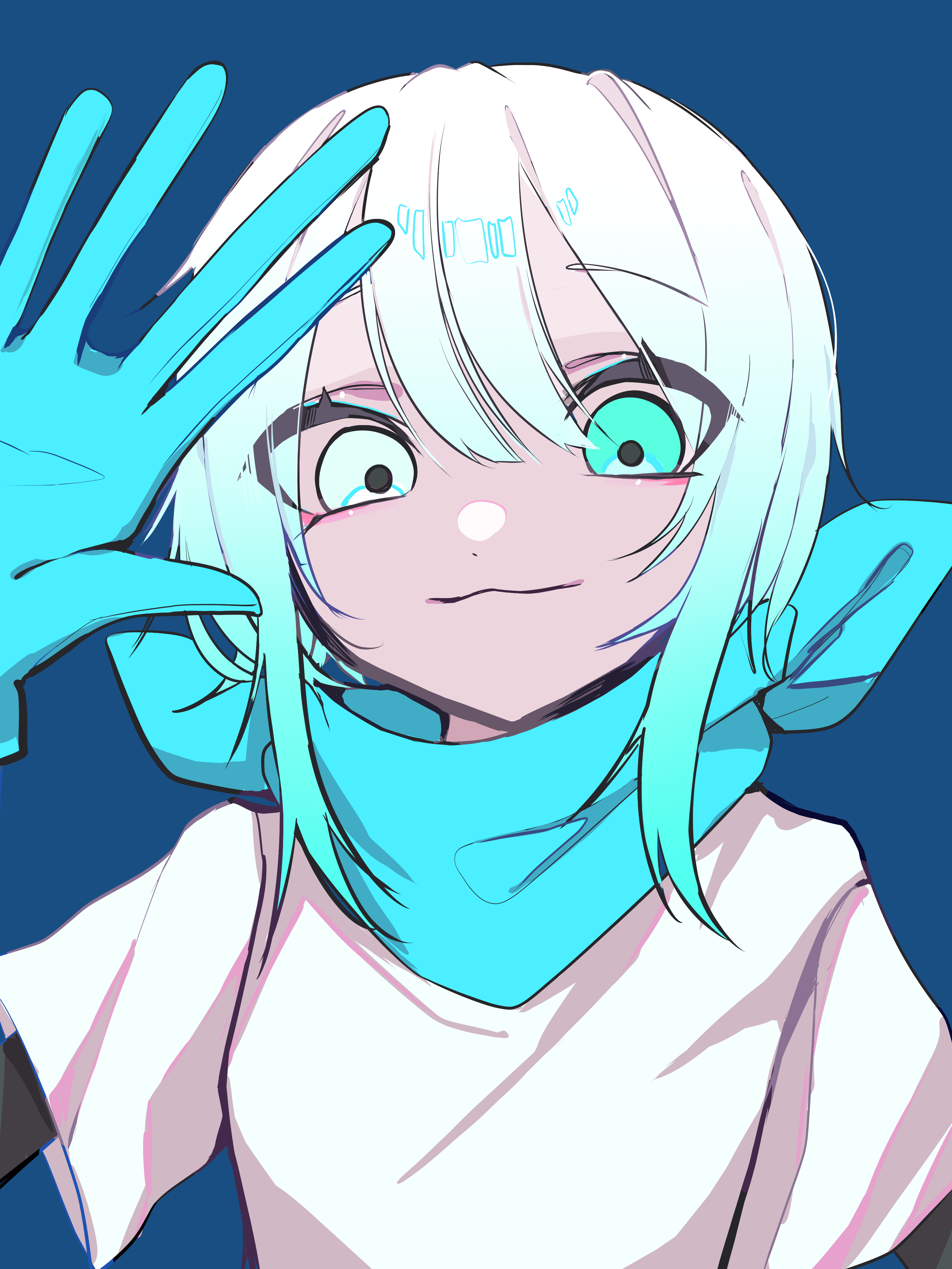sans (undertale), underswap, undertale, utdr (toby fox), absurdres, commentary request, highres, aqua eyes, aqua hair, bandana, bandana around neck, blue background, blue bandana, blue gloves, closed mouth, gloves, gradient hair, humanization, multicolored hair, portrait, raique, shirt, simple background, solo, two-tone hair, waving, white hair, white shirt