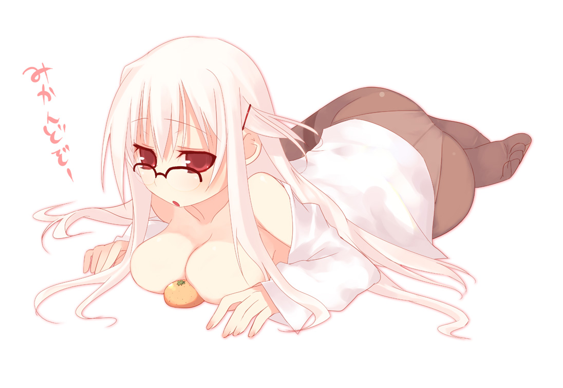 kashiwamochi yomogi, original, translated, 1girl, ass, bare shoulders, blonde hair, breasts, brown pantyhose, cleavage, crotch seam, female focus, food, food between breasts, fruit, glasses, large breasts, long hair, looking at viewer, looking over eyewear, lying, mandarin orange, no bra, on stomach, open clothes, open shirt, oppai mochi, panties, panties under pantyhose, pantyhose, red eyes, shirt, simple background, solo, underwear, white background