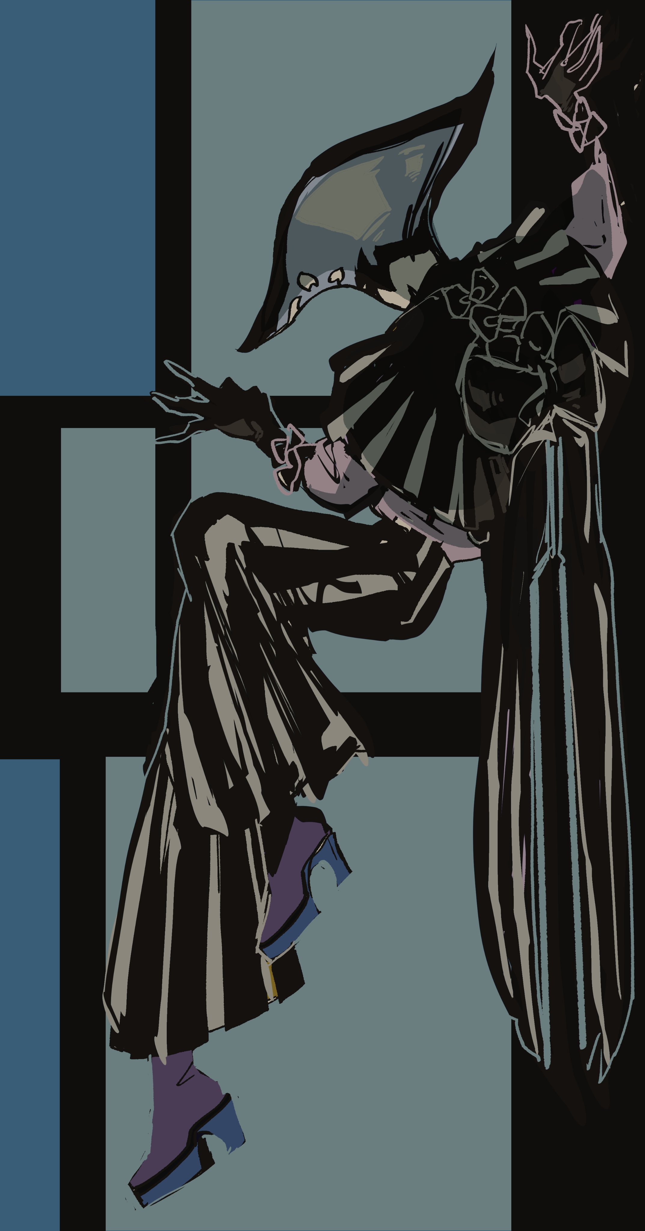 bakushi (smys2017), madk, absurdres, commentary request, highres, 1boy, back bow, black capelet, black gloves, blue background, bow, capelet, coattails, full body, gloves, grey background, grey shirt, long sleeves, male focus, puffy long sleeves, puffy sleeves, shirt, solo
