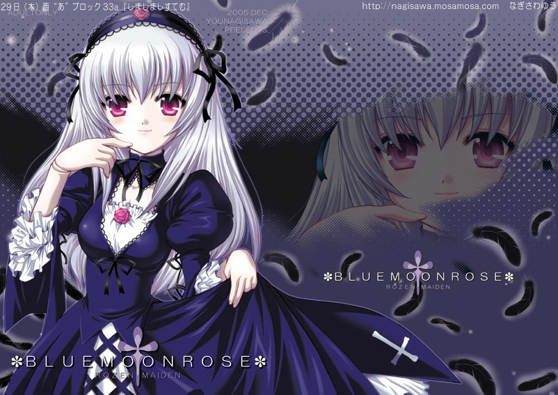 nagisawa yuu, suigintou, rozen maiden, silver hair, 00s, 1girl, feathers, female focus, pink eyes, solo