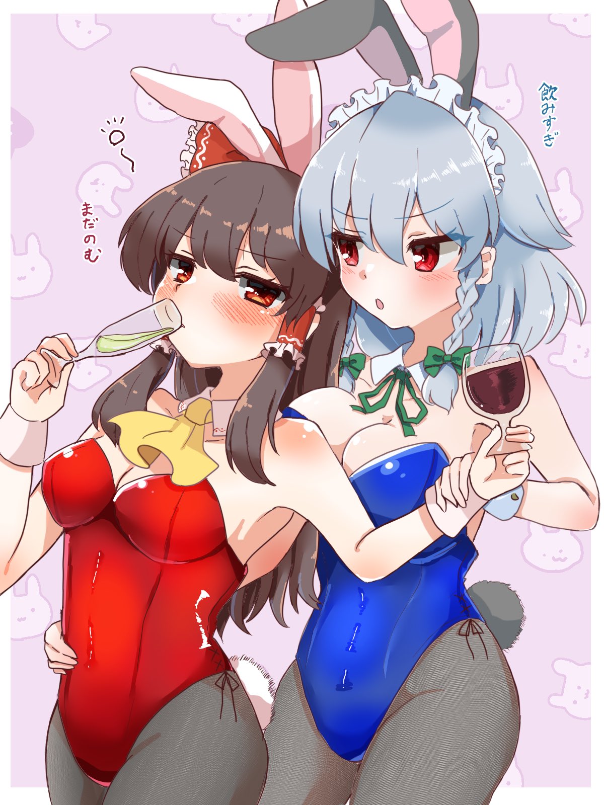 tanikake yoku, hakurei reimu, izayoi sakuya, touhou, highres, 2girls, alcohol, animal ears, bare shoulders, black pantyhose, blue leotard, blush, bottle, bow, braid, breasts, brown hair, cleavage, cup, detached collar, drunk, fake animal ears, grey hair, hair bow, hair tubes, leotard, long hair, maid headdress, medium breasts, multiple girls, pantyhose, pink background, playboy bunny, rabbit ears, red bow, red eyes, red leotard, ribbon, short hair, smile, solo, strapless, strapless leotard, twin braids, wine bottle