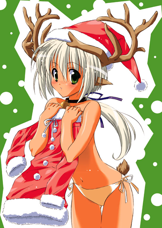 original, silver hair, 1girl, animal ears, antlers, bell, blush, choker, christmas, clothes in front, covering privates, female focus, green eyes, hat, horns, long hair, panties, ribbon, santa costume, santa hat, short hair, side-tie panties, solo, standing, tail, thigh gap, thighs, topless female, underwear, underwear only, white panties